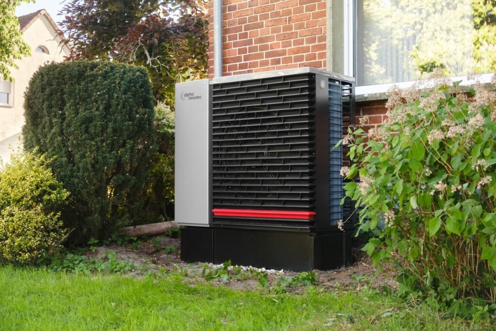 Energy-efficient heat pump installed in a residential garden